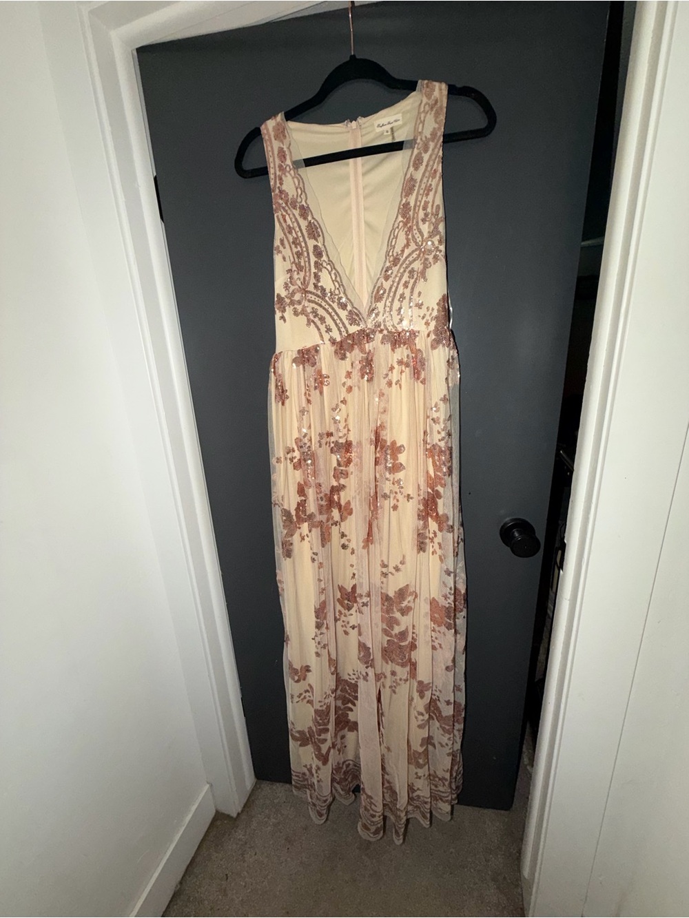 Rose gold sequin embroidered maxi dress | formal, wedding guest, or maternity
